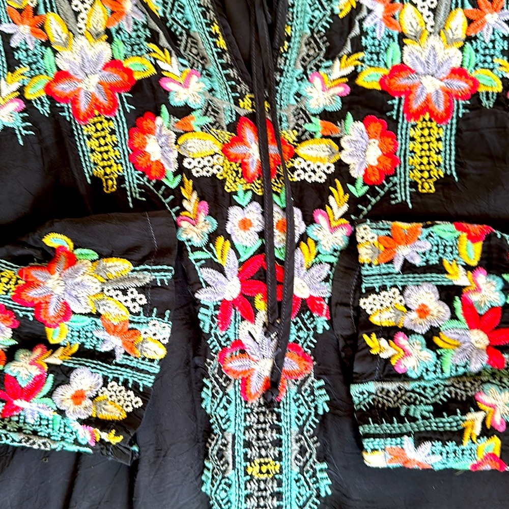 Johnny Was Black Embroidered Floral Dress with Red, Turquoise, Yellow Accents